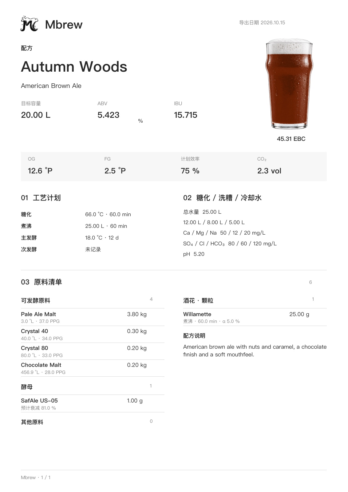 Autumn Woods 实际导出的单页配方 PDF，包含目标参数、工艺计划、用水、原料清单和配方说明